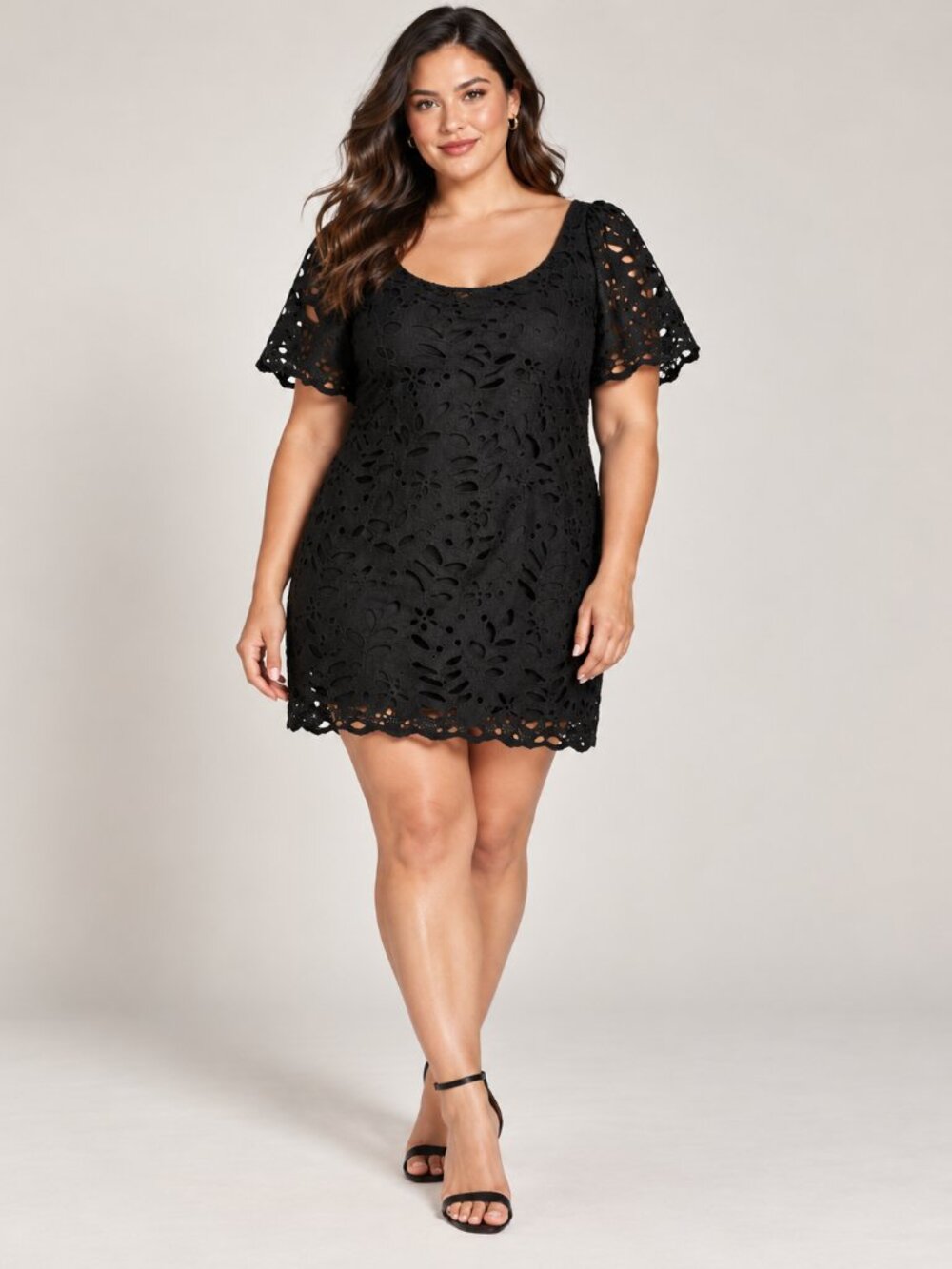 YOINS 3XL Black Floral Lace Eyelet Mini Dress Plus Size US 20 Short Sleeve